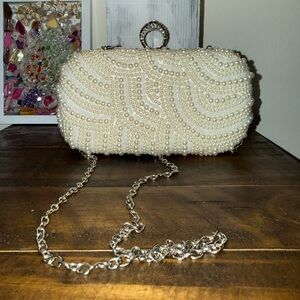 Elegant Pearl-Embellished Clutch with Silver Chain (Ivory White Colour)